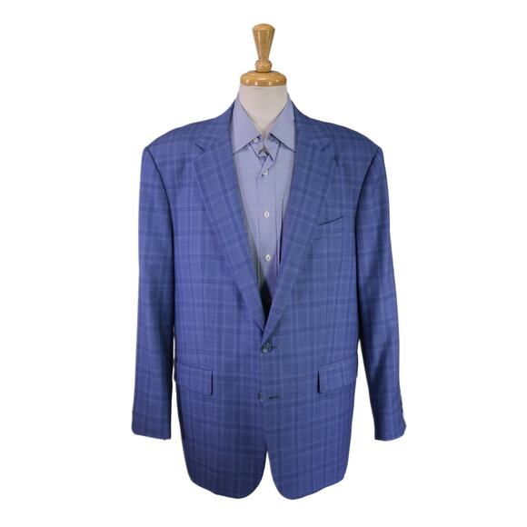 H. Sam Custom Tailor Light Blue Plaid Wool 2-Btn Wool Sportcoat Blazer Men's 46R - Picture 1 of 9